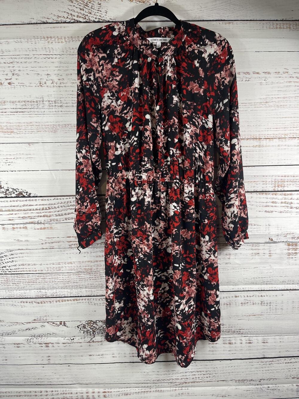 Elizabeth And James Dress Women's Large Red Black Floral Fit Flare Long Sleeve